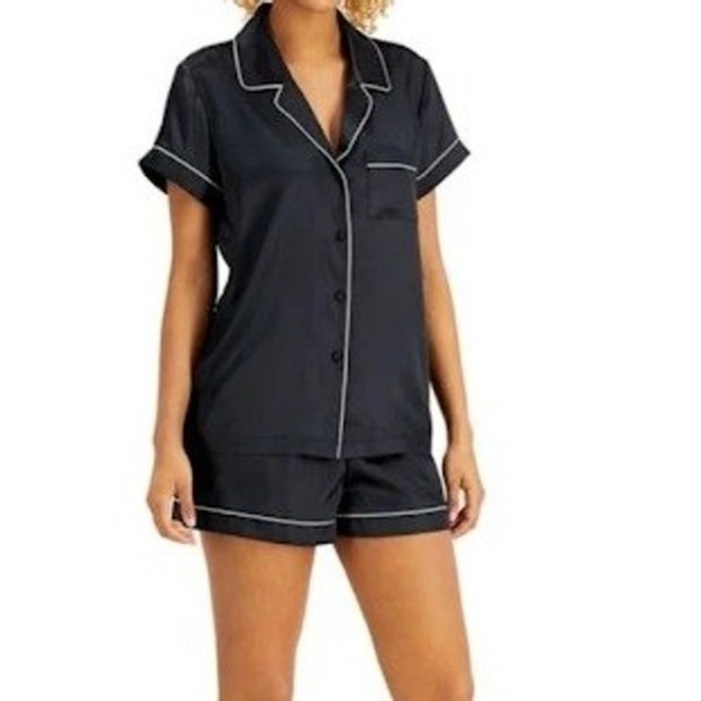 INC International Concepts Black Satin Pajama Set Shortsleeve Top Shorts XS NEW